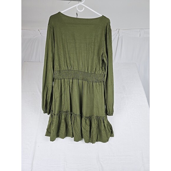 Boho Women’s XL Olive Green Long Balloon Sleeve Tiered Smocked Waist Mini Dress - Picture 2 of 10